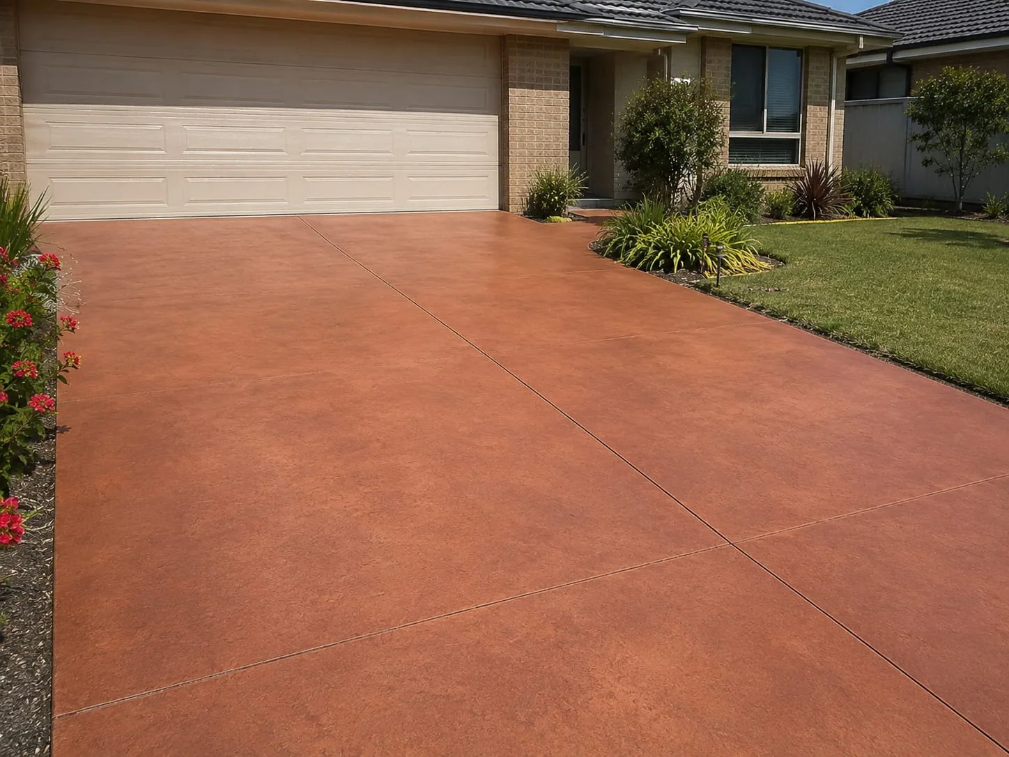 Terracotta coloured concrete driveway running to the double garage of a rendered Toowoomba home