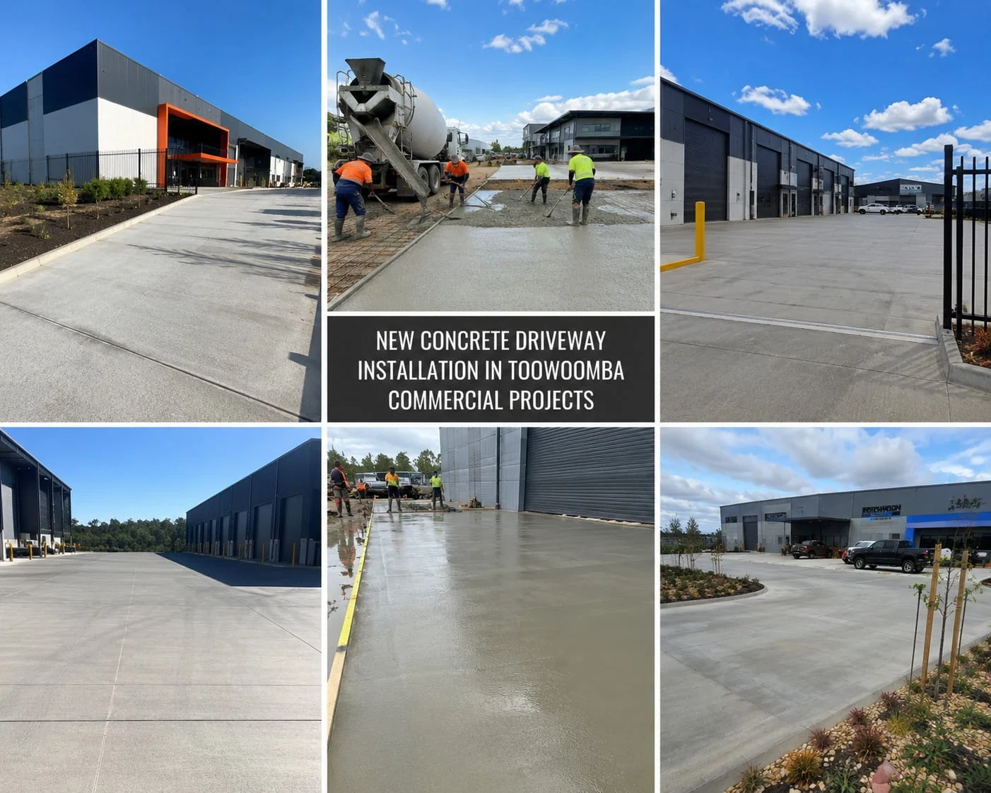Collage of commercial concrete installations in Toowoomba: wide hardstand and access slabs at industrial units, a crew placing concrete from an agitator truck, and finished forecourts serving warehouse buildings