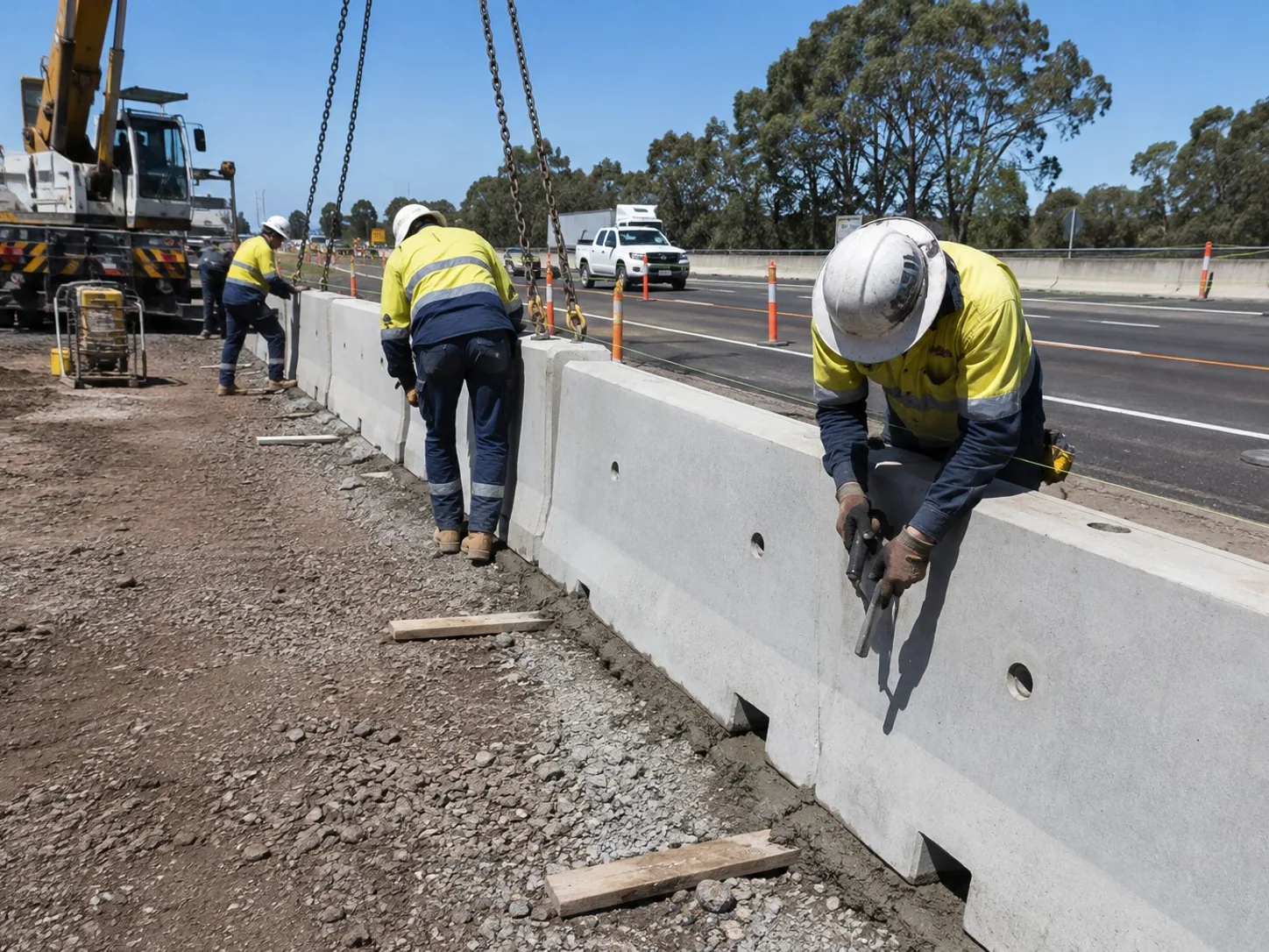 Crew craning precast concrete barriers into a line along a roadside and levelling them into position