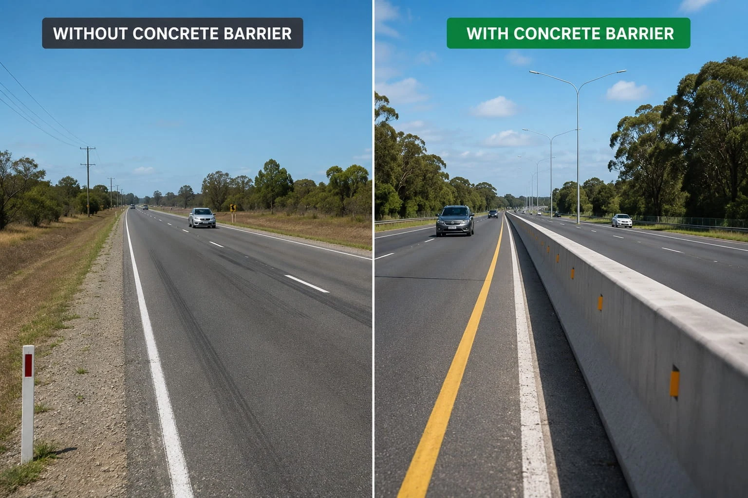 Side-by-side comparison of a highway shoulder without a concrete barrier and the same road with a precast concrete barrier separating the carriageways