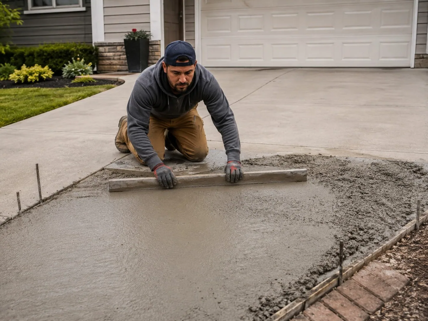 Concreter floating a fresh concrete patch where a cracked driveway section was cut out