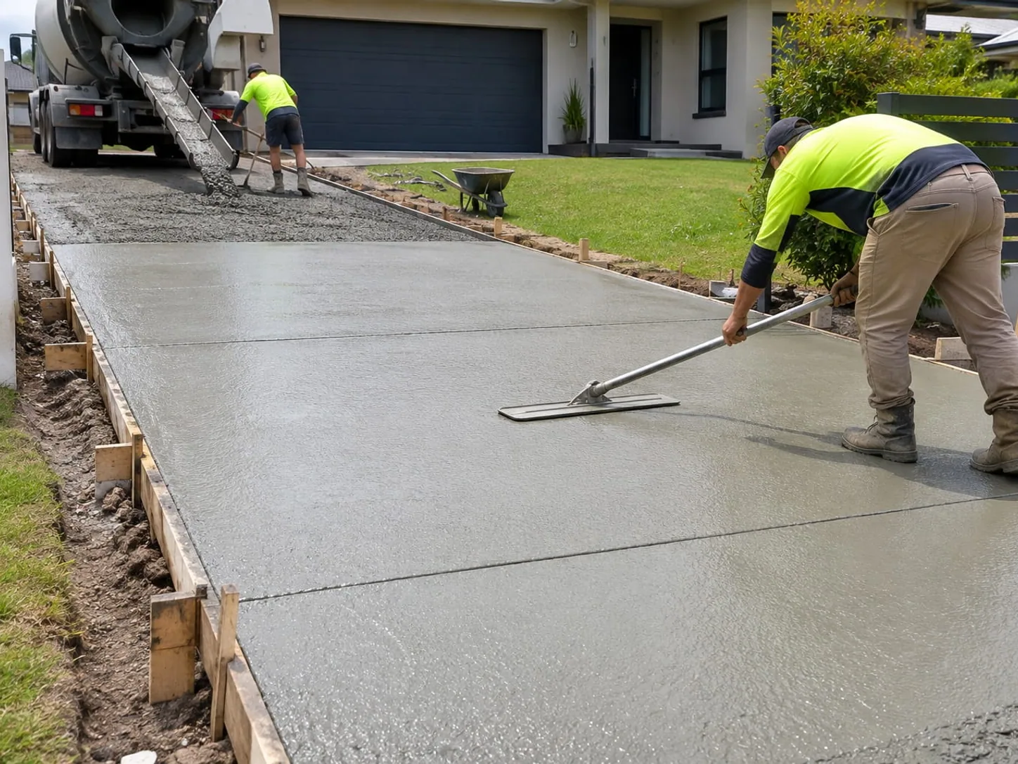 Concreter screeding a freshly poured driveway slab inside timber formwork while the agitator truck discharges behind