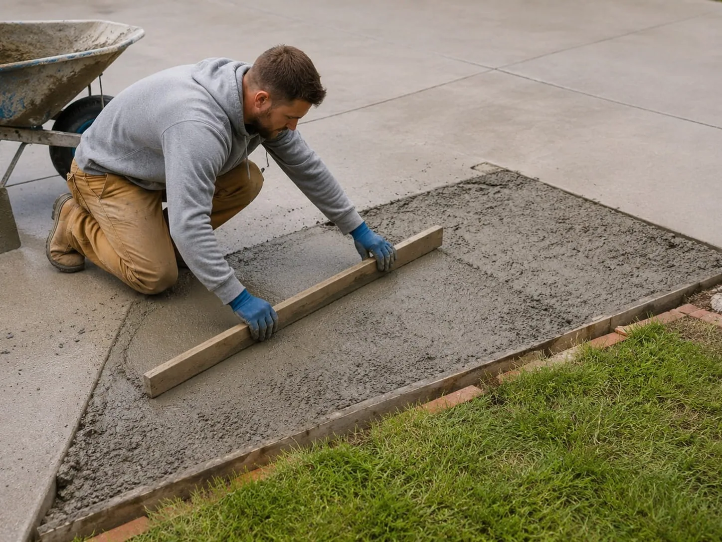 Concreter screeding fresh concrete into a repaired section alongside an existing driveway