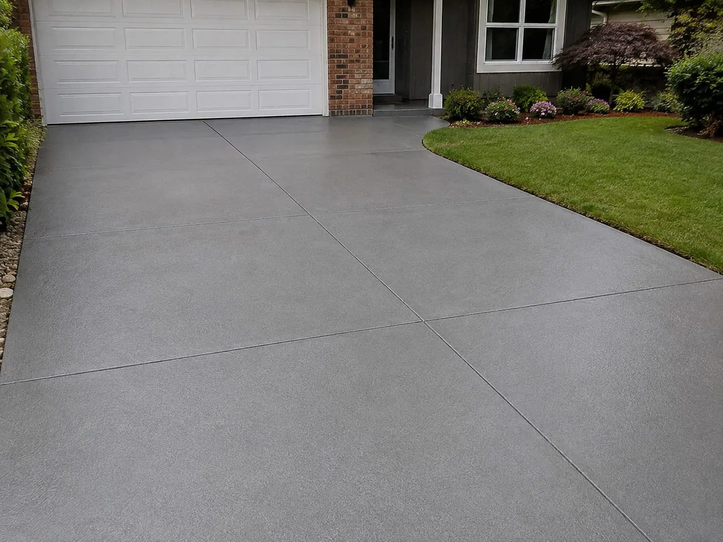 Resurfaced concrete driveway with an even new grey finish running to a white double garage