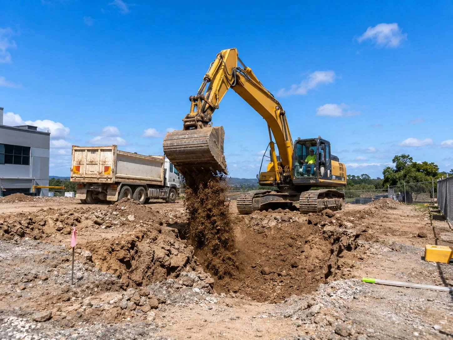 Excavator digging out a deep excavation beside a building and loading spoil straight into a waiting tipper