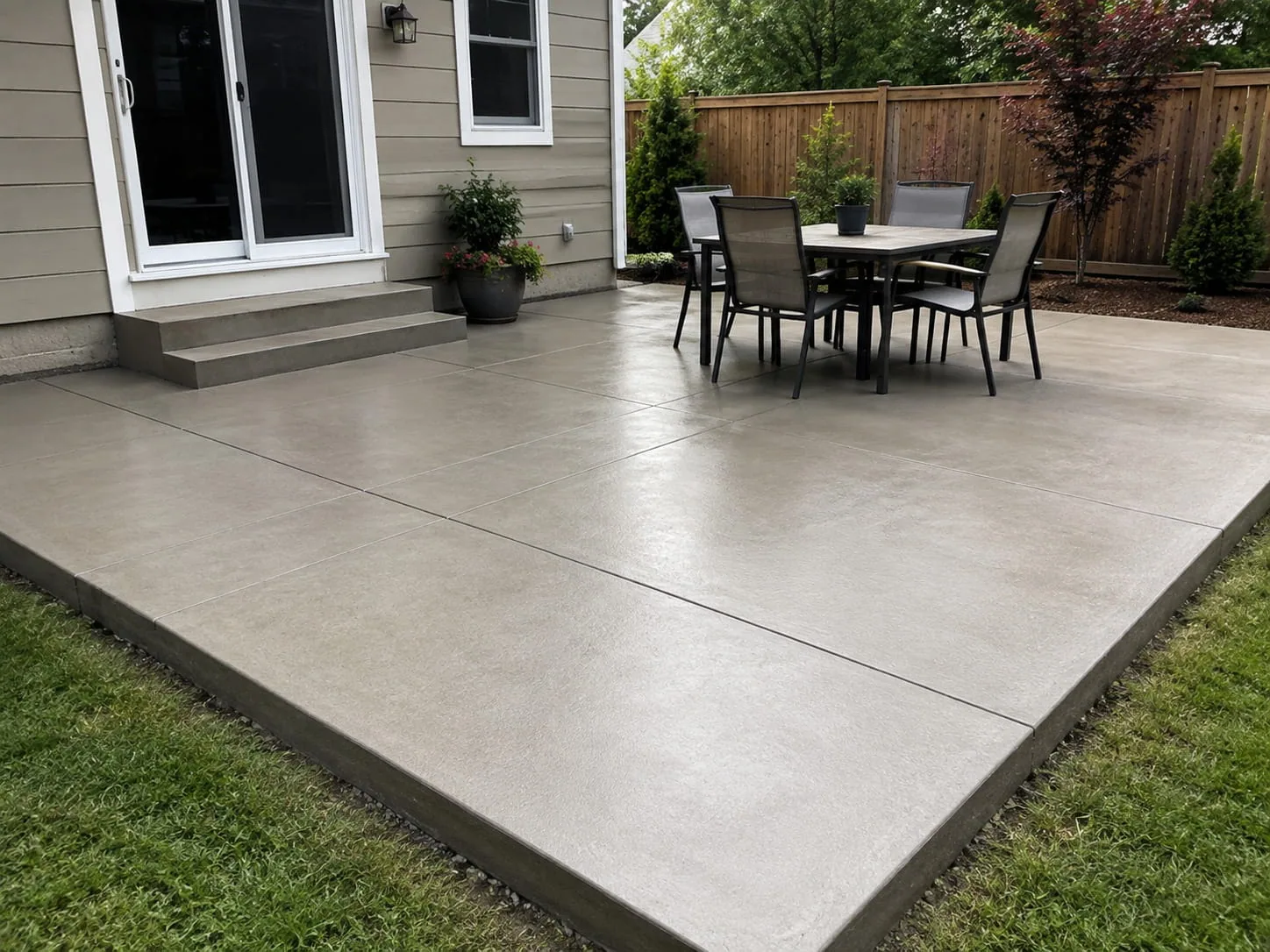 Concrete patio with an outdoor dining setting off the back of a Toowoomba home, stepping up to sliding doors