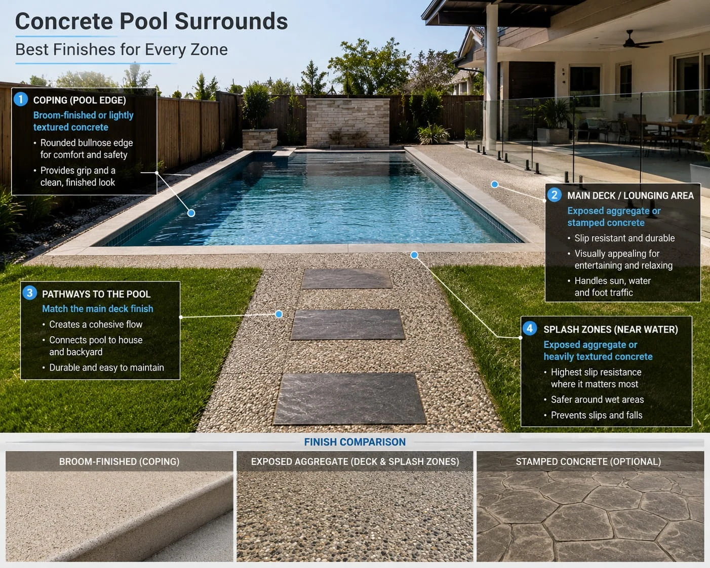 Annotated pool surround showing the four finish zones: broom-finished or lightly textured coping at the pool edge, exposed aggregate or stamped concrete across the main deck, pathways matched to the deck finish, and exposed aggregate in the splash zones nearest the water