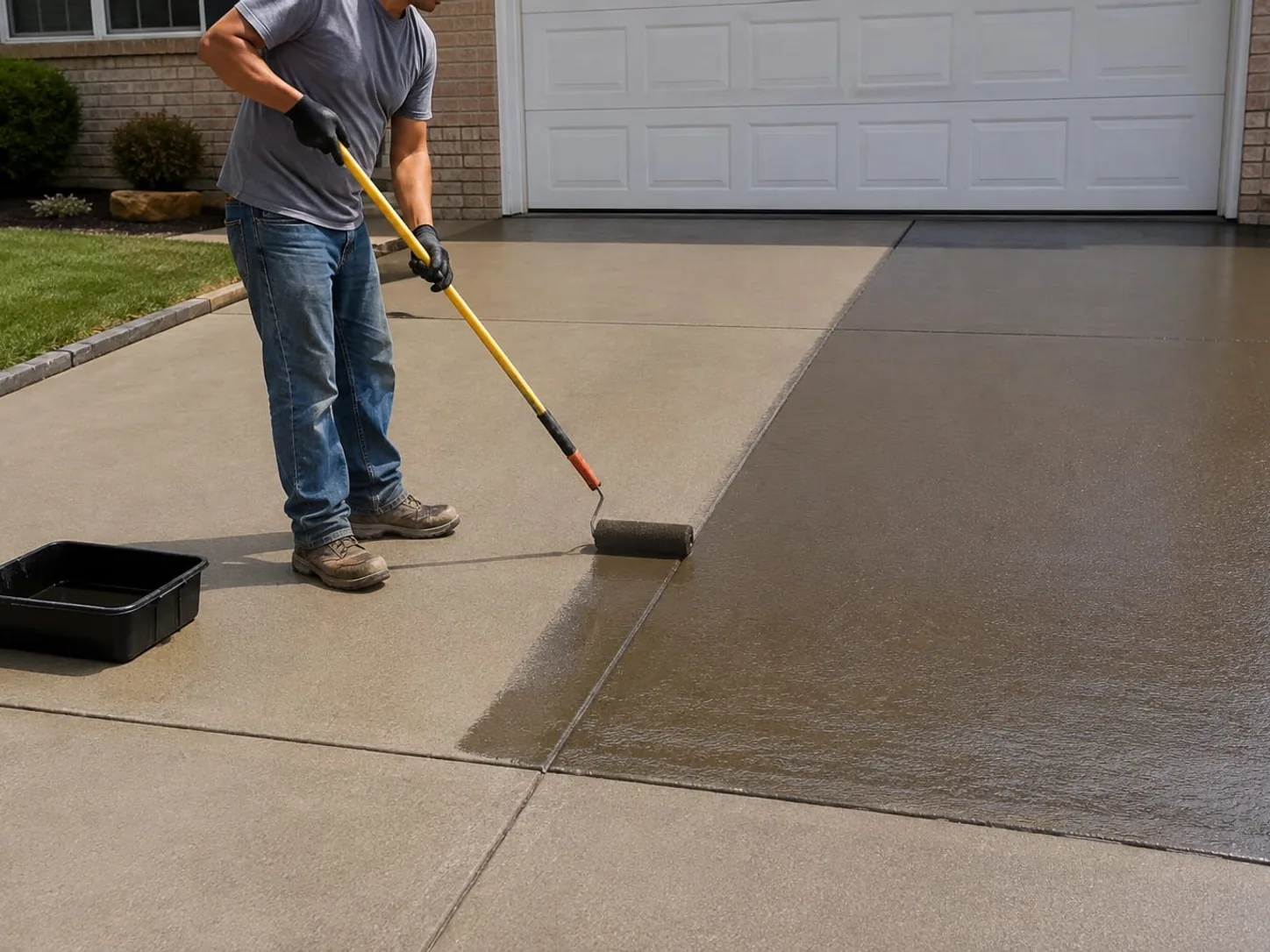 Sealer being rolled onto a concrete driveway, the wet coat darkening the surface as it goes on