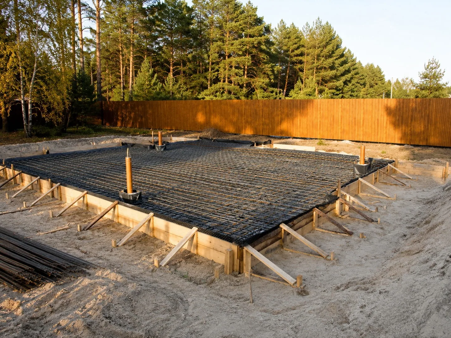 Shed slab formed up with reinforcement mesh and services set in position, ready for the pour
