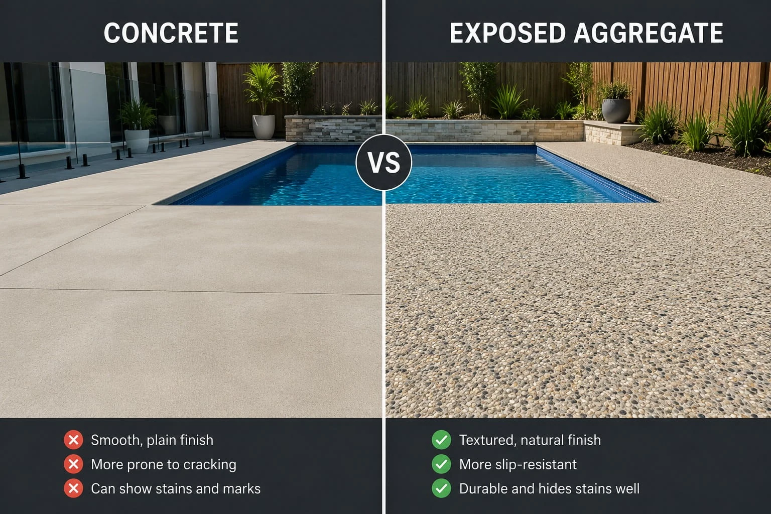 Side-by-side comparison of a plain concrete pool surround and an exposed aggregate pool surround, listing the smooth finish, crack tendency and staining of plain concrete against the textured, slip-resistant and stain-hiding aggregate finish