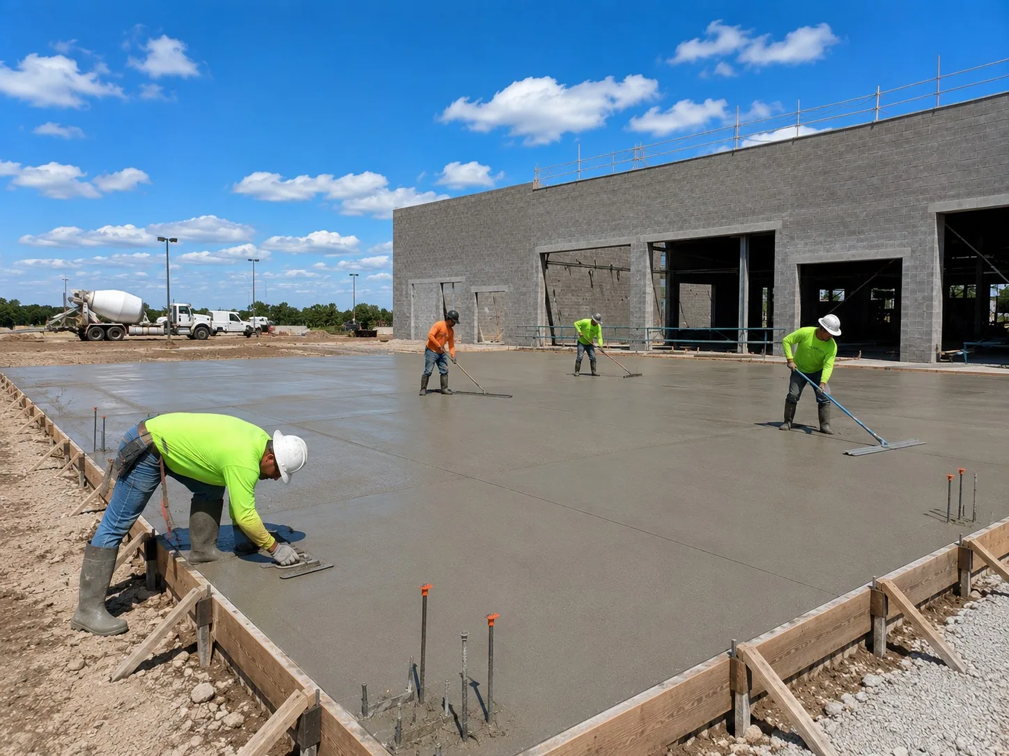 Crew screeding and finishing a large commercial slab pour, with the agitator truck standing by at the edge of the site