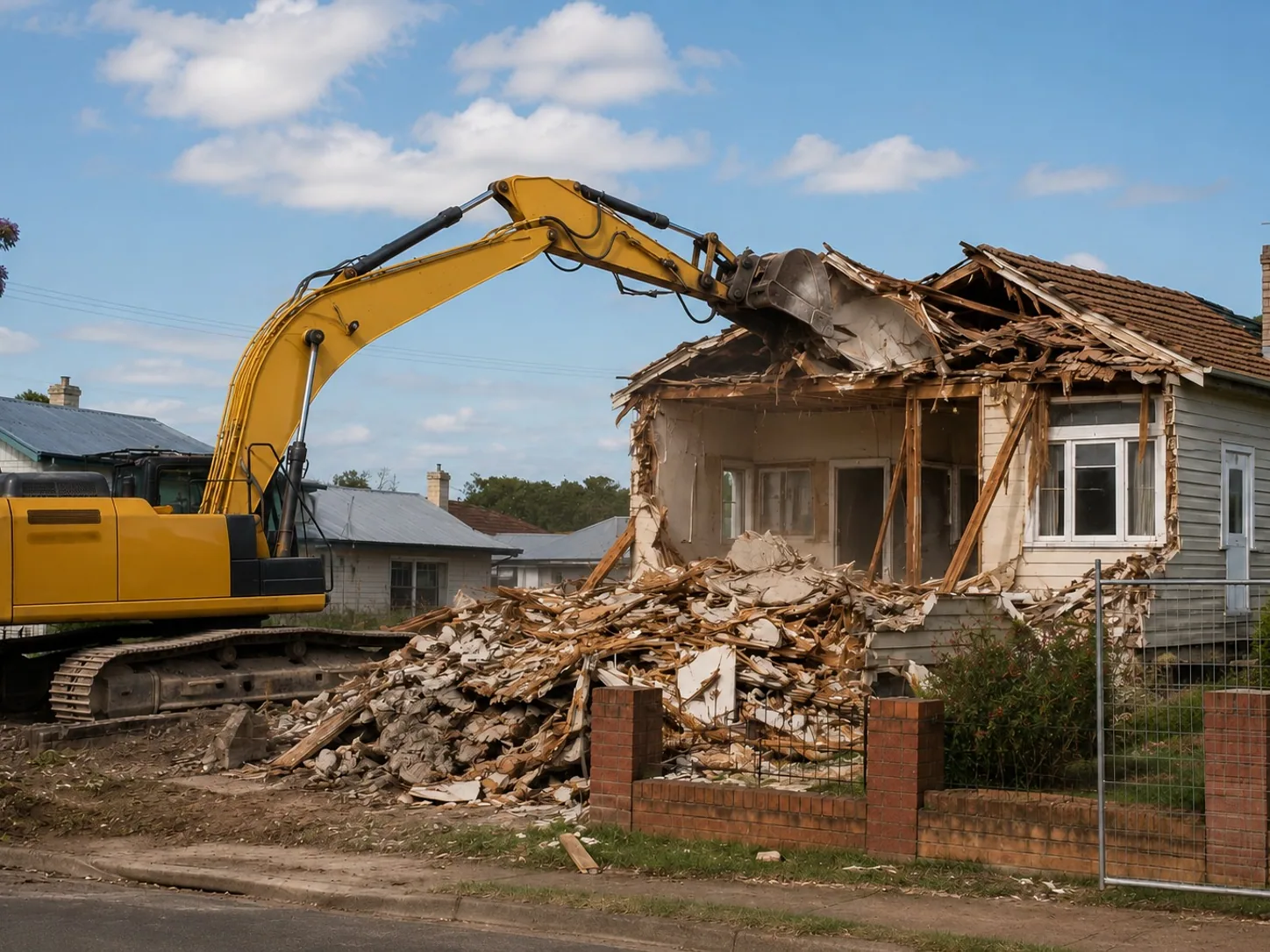 Excavator tearing down a weatherboard house, the roof collapsed into a pile of debris behind the front fence