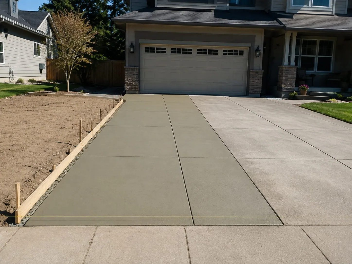 Freshly poured driveway extension widening the existing slab, still held in its timber forms
