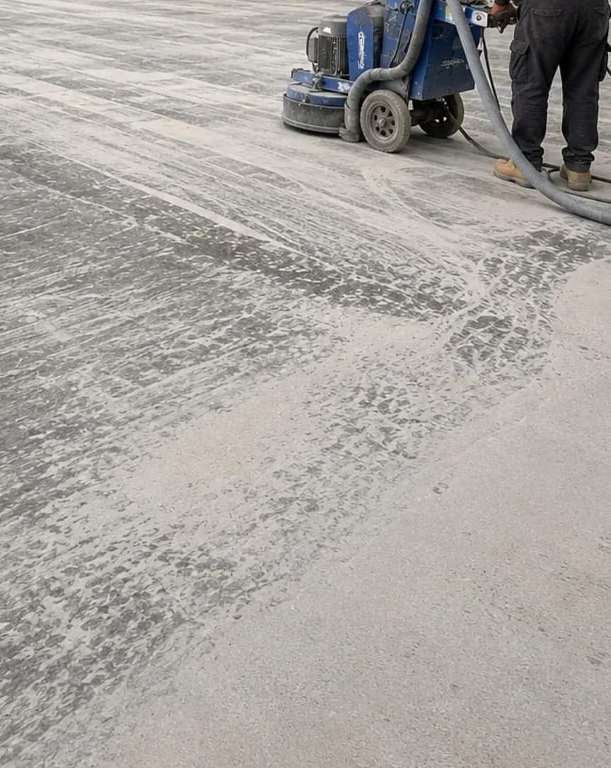 Floor grinder working across a concrete slab, the ground surface opening up behind the machine