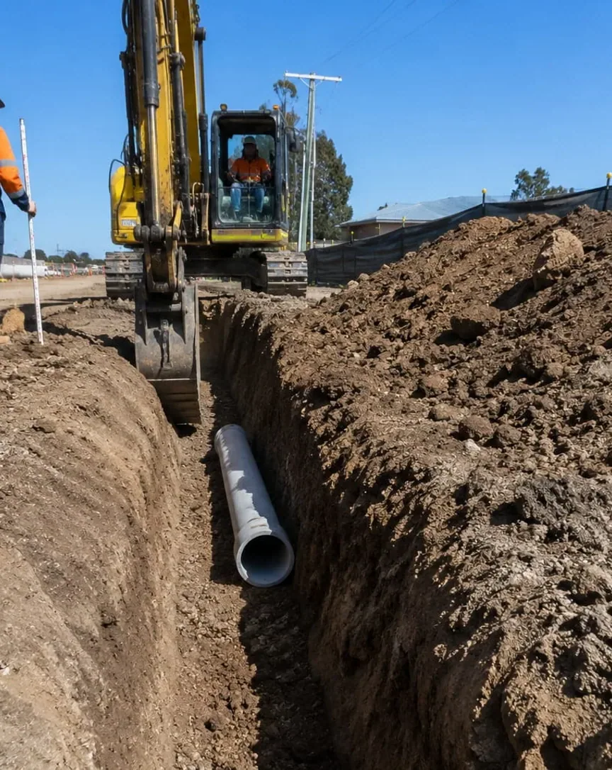 Excavator cutting a service trench with stormwater pipe laid in along the bottom