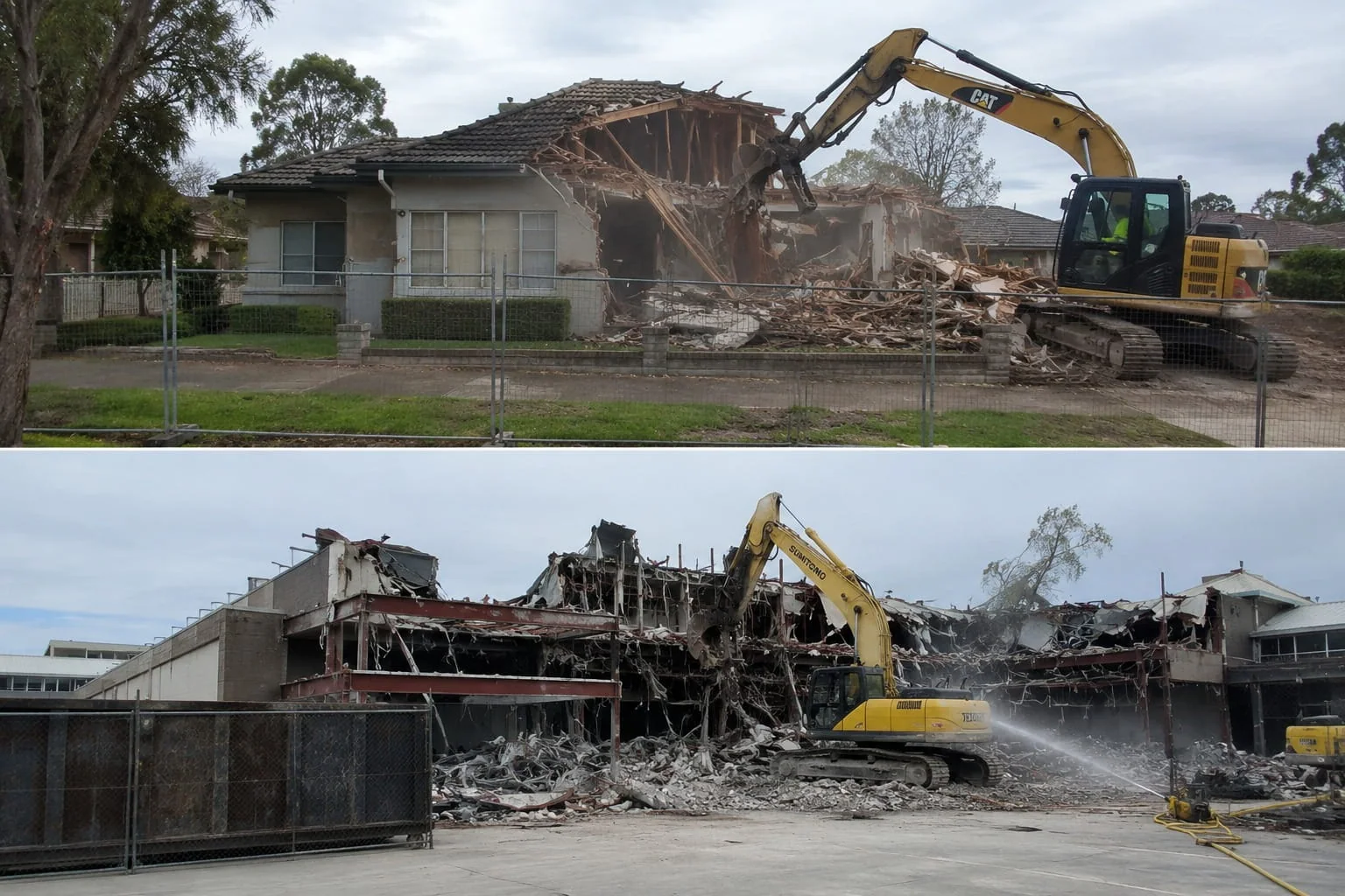 Two demolition jobs side by side: an excavator taking down a brick house behind temporary fencing, and a larger machine stripping a multi-storey commercial building with dust suppression running