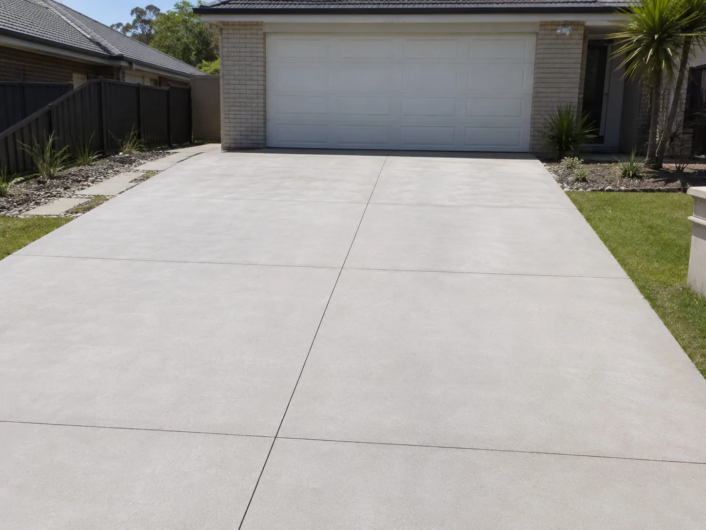 Plain concrete driveway with a central saw-cut joint running to the grey double garage of a Toowoomba home