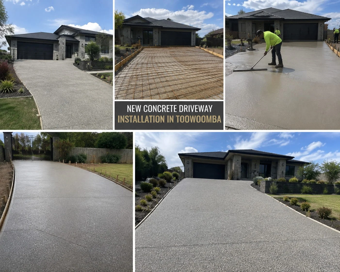 Collage of residential driveway installations in Toowoomba: reinforcement mesh set out on a formed driveway, a concreter finishing a fresh pour, and completed plain and exposed aggregate driveways at brick and rendered homes