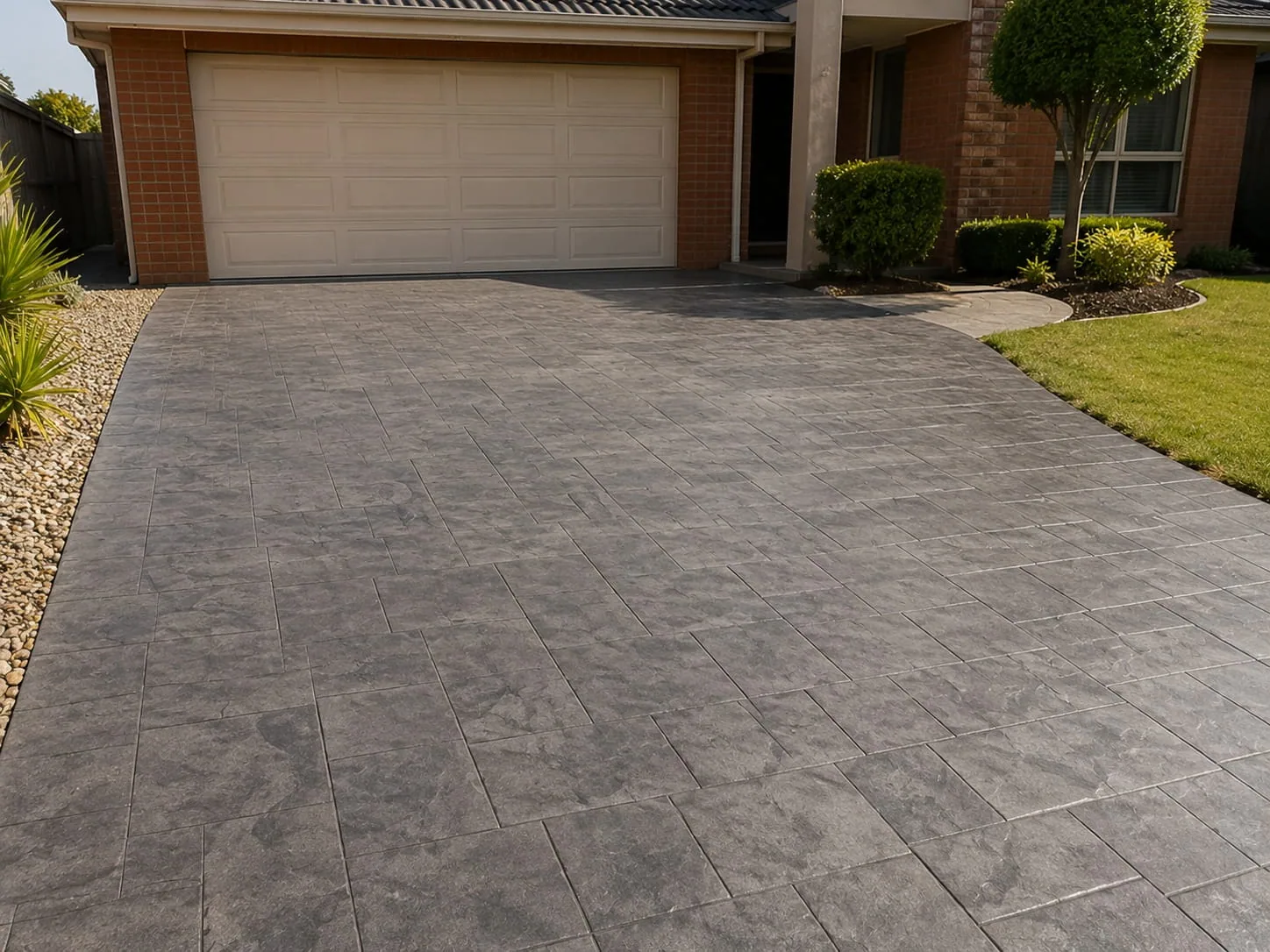 Grey slate-pattern stamped concrete driveway leading to the double garage of a brick Toowoomba home