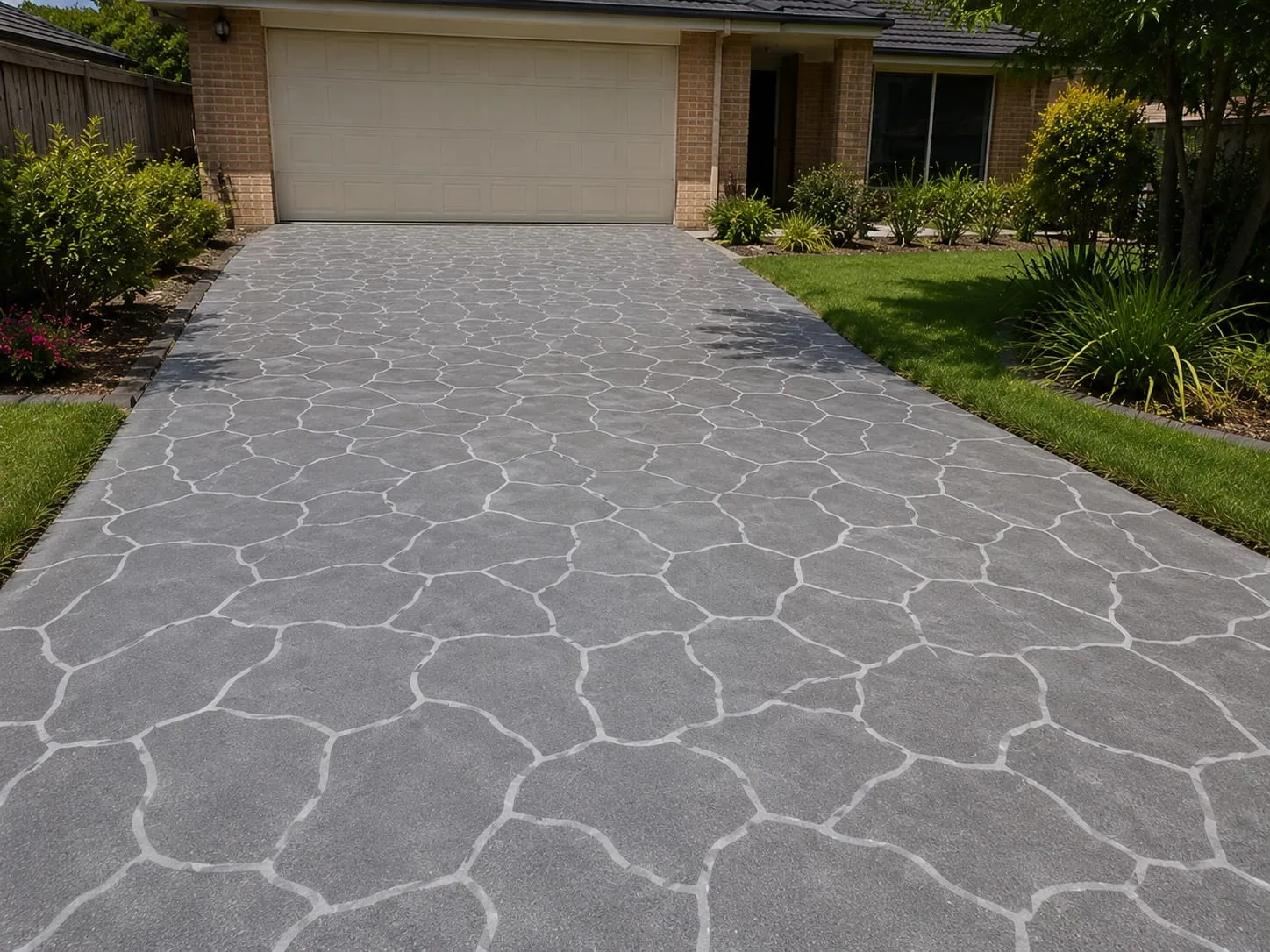 Stencil concrete driveway in a random flagstone pattern running to a cream double garage